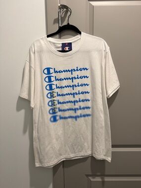 Champion White Short Sleeve Tee with Blue Repeated Logo